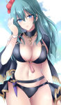  1girl adjusting_clothes alluring big_breasts bikini black_bikini black_capelet blue_eyes byleth_(fire_emblem) byleth_(fire_emblem)_(female) byleth_(summer)_(fire_emblem)_(female) capelet dagger fire_emblem fire_emblem:_three_houses fire_emblem_heroes flower hair_flower hair_ornament hibiscus high_res jewelry kirishima_riona knife long_hair looking_at_viewer navel necklace nintendo official_alternate_costume red_flower revision smile swimsuit tassel teal_hair upper_body weapon wristband 