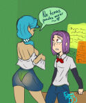 bon_(fnafhs) bonnie_(fnafhs) brit_(fnafhs) dark-skinned_female dark_skin fhs fhsz3r0 fnafhs fnafhs_z3ro genderswap green_panties homerbls looking_at_another red_bow red_eyes school_uniform spanish_text tagme transparent_clothing violet_hair