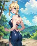  1girl 1girl 1girl ai_generated ass back bangs bare_arms bare_shoulders big_breasts blonde_hair blue_dress blue_eyes blue_sky blush breasts clothing cloud day dr._stone dress from_behind hair_bun halter_dress halterneck karmino kohaku_(dr.stone) long_hair looking_at_viewer looking_back median_furrow medium_breasts mountain mountainous_horizon open_mouth original outside ponytail short_hair shoulder_blades side_slit sideboob sidelocks single_hair_bun sky sleeveless sleeveless_dress standing sweatdrop thighs tied_hair tree 