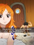 1boy 1boy1girl 1girl after_sex artist_signature bed bed_sheet bedroom beetle black_hair breasts covering_breasts he_literally_nutted_in_me_(meme) indoors insects long_hair meme monkey_d._luffy nami one_piece orange_hair selfpic shampowrado short_hair snapchat tattoo tattoo_on_arm topless