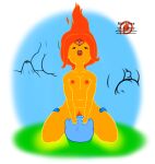  adventure_time big_breasts blue_skin clothes_removed finn_the_human fire_hair flame_hair flame_princess floating_hair grabbing_head hotpants jewel_on_forehead mortdres nipples open_mouth oral oral_sex orange_hair orange_nipples pleasure_face pussylicking yellow_skin 