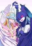  2girls angel angel_and_devil angewomon art artist_request clothed cute devil digimon female hair holding_hands kawaii ladydevimon monster_girl multiple_girls posing yuri 