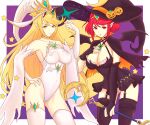 1girl 2_girls alluring alternate_costume big_breasts blonde_hair core_crystal female_only halloween_costume hat heroine heroines mythra nintendo pyra red_eyes red_hair truejekart xenoblade_(series) xenoblade_chronicles_2 yellow_eyes