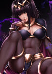  1girl 1girl 1girl alluring big_breasts big_breasts blunt_bangs bodystocking bridal_gauntlets cleavage dandon_fuga female_only fire_emblem fire_emblem_awakening milf spread_legs tharja tharja_(fire_emblem) 