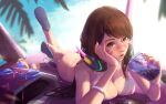 1girl 1girl 1girl breasts brown_eyes brown_hair d.va_(overwatch) drink drinking female_only large_filesize mitsu_(mitsu_art) nipples nude overwatch sandals tan_line tanned very_high_resolution wet