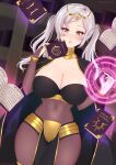 1girl 1girl 1girl alluring alternate_costume big_breasts bodystocking book bookshelf brown_eyes cape cleavage cosplay cryptid_crab female_only fire_emblem fire_emblem_awakening grey_hair halloween halloween_costume indoors levitation long_hair magic magic_circle nintendo robin_(fire_emblem) robin_(fire_emblem)_(female) tharja_(fire_emblem)_(cosplay) thick_thighs thighs twin_tails