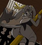  1girl 2024 anthro antlers anus ass big_ass big_eyebrows blue_eyes bottomless bovid bracelet caprine clothing exposed_ass floppy_ears genitals grey_fur grey_hair high_res horns hybrid ikaribunbun jackalope lagomorph long_ears looking_down motion_lines partially_clothed pole pole_sliding pseudoregalia pussy rabbit rear_view sybil_(pseudoregalia) tail yellow_horns 