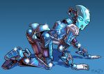 1girl armor bionicle blue_eyes blue_skin exposed_pussy female_only glowing_eyes kneel lego looking_at_viewer looking_back mechanical nokama on_knees planz34 pussy pussy robot robot_girl robot_humanoid shiny simple_background smooth_skin toa