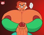  bearalphar34fan_v2 clothing disney furry futanari huge_penis hyper_breasts logo looking_at_viewer ming_lee red_background tagme text_bubble turning_red 