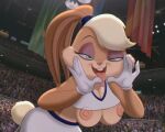  1furry 2d accurate_art_style big_breasts bunny_ears bunny_girl bunny_tail edit furry green_eyes lola_bunny nerota nipple_slip nipples no_bra sagging_breasts saliva screenshot_edit short_shirt short_top space_jam 