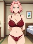 1girl alluring androidparanoid bedroom big_breasts bra lingerie naruto naruto_shippuden panties pink_hair sakura_haruno solo tagme teal_eyes underwear