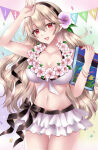  1girl 1girl :d alluring arm_up bare_arms bare_shoulders bikini black_hairband blush book brown_hair cleavage collarbone confetti corrin_(fire_emblem) corrin_(fire_emblem)_(female) corrin_(novice_vacationer)_(fire_emblem)_(female) fire_emblem fire_emblem_fates fire_emblem_heroes flower hair_between_eyes hair_flower hair_ornament hairband hand_up head_tilt high_res holding holding_book kirishima_riona layered_bikini long_hair looking_at_viewer medium_breasts navel nintendo official_alternate_costume open_mouth pennant purple_flower red_eyes smile standing string_of_flags swimsuit very_long_hair white_bikini 