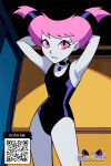 armpits arms_behind_head arms_up black_one-piece_swimsuit blush_stickers breasts choker clothing colored_skin grey_skin jinx jinx_(teen_titans) littlehentai looking_at_viewer older older_female one-piece_swimsuit parted_lips pink_eyes pink_hair savitar short_hair small_breasts swimsuit teen_titans tied_hair white_skin young_adult young_adult_female young_adult_woman