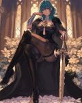 1girl alluring artist_name black_hair black_panties blue_eyes boots brooch byleth_(fire_emblem) byleth_(fire_emblem)_(female) commentary crossed_legs english_commentary fire_emblem fire_emblem:_three_houses itzah jewelry leggings looking_at_viewer medium_breasts medium_hair nail_polish nintendo panties pantyhose patreon_username pixel_art planted planted_sword planted_weapon sitting stockings sword teal_hair underwear vambraces watermark weapon web_address