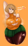 1girl arm_behind_head armpits ashley_graham big_breasts blonde_hair blue_eyes capcom dialogue english_text female_only grin halloween heart high_res huge_breasts huge_thighs looking_at_viewer narrowed_eyes orange_background pantyhose pummies resident_evil resident_evil_4 skirt sleeveless_sweater smiling_at_viewer sweater talking_to_viewer text thick_thighs voluptuous wide_hips