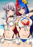  2_girls alear_(female)_(fire_emblem) alear_(female)_(seaside_dragon)_(fire_emblem) alear_(fire_emblem) alluring alternate_costume alternate_hairstyle bare_shoulders big_breasts bikini black_hair blue_bikini blue_eyes blue_hair blush choker cleavage crossed_bangs fire_emblem fire_emblem_engage fire_emblem_heroes flower grey_hair hair_flower hair_ornament heterochromia high_res long_hair looking_at_viewer medium_breasts multicolored_clothes multicolored_hair multiple_girls navel nintendo official_alternate_costume official_alternate_hairstyle open_mouth outside ponytail purple_eyes red_bikini red_eyes red_hair siblings sisters smile split-color_hair swimsuit tara_(szzj7733) two-tone_hair very_long_hair veyle_(fire_emblem) white_bikini 