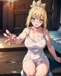 1girl 1girl 1girl ai_generated bangs bare_arms bare_shoulders bed big_breasts blonde_hair blue_eyes blush breasts cleavage clothing covered_navel dr.stone dress female_only hair_between_eyes indoors karmino kohaku_(dr.stone) looking_at_viewer open_mouth ponytail see-through sitting sleeveless sweat thighs tied_hair white_dress