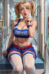 1girl ahegao ai-created ai_generated arm_support bangs bare_shoulders belt big_breasts blonde_hair blue_eyes blue_skirt blush bow breasts cheerleader clavicle cleavage clothing crop_top day english_text hair_bow hair_ornament hand_up indoors jousneystudio juliet_starling legwear lips lollipop_chainsaw long_hair looking_at_viewer midriff miniskirt mole mole_on_breast navel open_mouth original pleated_skirt poster_(object) red_belt shirt sitting skirt stockings sweat teeth thick_thighs thighs tied_hair tongue tongue_out twin_tails upper_teeth_only white_legwear white_thighhighs window wristband