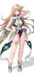 1girl alluring arm_up bare_shoulders big_breasts blonde_hair blush chest_jewel cleavage_cutout clothing_cutout covered_navel full_body gucchimax hand_on_own_hip high_res highleg highleg_leotard leotard long_hair looking_at_viewer mythra navel nintendo simple_background swept_bangs thigh_strap thighs very_long_hair white_background xenoblade_(series) xenoblade_chronicles_2 yellow_eyes