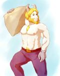  1boy 2010s 2017 2d 2d_(artwork) anthro anthro_only artist_name asgore_dreemurr bara beard belt blonde blonde_hair boss_monster bottomwear breasts caprine carrying carrying_bag carrying_object chest_hair chest_tuft dad_bod digital_media_(artwork) dilf floppy_ears furaffinity furry furry_male furry_only gloves goat goat_boy goat_ears goat_horns hair horns likri male male_anthro male_nipples male_only mammal mature mature_anthro mature_male monster monster_boy muscle muscular_anthro muscular_male nipples pecs solo_anthro solo_male topless topless_anthro topless_male undertale undertale_(series) video_game_character video_games 