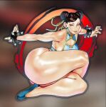 1girl alluring arms_spread asian big_breasts bracelet breasts capcom chun-li dark_hair double_bun eyelashes high_heels high_res legs legs_crossed limelissa long_hair looking_at_viewer muscle muscular_female non-nude posing revealing_clothes sexy sideboob slut spiked_bracelet street_fighter thick thick_ass thick_thighs tied_hair toned video_game_character wide_hips