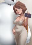 1girl aunt_cass baymax big_breasts big_hero_6 brown_hair cass_hamada coolerinker disney dress grey_dress inker_comics inkershike marvel marvel_comics short_hair