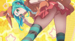  ass dress green_eyes green_hair looking_at_viewer looking_back medium_hair monogatari_(series) nekom14 no_panties ononoki_yotsugi peace_sign pussy stockings tsukimonogatari twin_tails upskirt 