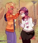 applejack coat creamygravy flower friendship_is_magic humanized jacket light_skin mrwes326 my_little_pony rarity scarf swing