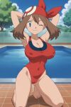 1girl accurate_art_style alluring androidparanoid bandana bare_legs big_breasts bikini blue_eyes brown_hair cleavage may may_(pokemon) on_knees one-piece_bikini pin_up pokemon pokemon_(anime) pokemon_rse pokemon_rse_(anime) posing red_one-piece_bikini swimming_pool