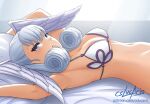  1girl 1girl alluring arms_up bed_sheet bikini blue_eyes cslucaris curly_hair elbow_gloves feathered_wings from_side gloves head_wings looking_at_viewer looking_to_the_side lying medium_breasts melia_antiqua navel nintendo on_back on_bed parted_lips pillow seductive_smile signature smile swimsuit upper_body watermark web_address white_bikini white_wings wings xenoblade_(series) xenoblade_chronicles_1 