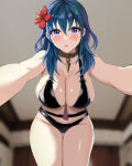  1girl 1girl 1girl alluring alternate_costume bare_thighs big_breasts bikini black_bikini black_swimsuit blue_eyes byleth_(fire_emblem) byleth_(fire_emblem)_(female) cleavage female_only fire_emblem fire_emblem:_three_houses fire_emblem_heroes flower hair_flower hugging looking_at_viewer medium_hair nintendo official_alternate_costume pov pov_hug reaching_out sideboob swimsuit tara_(szzj7733) teal_hair thighs 