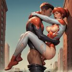 1boy 1boy1girl 1girl ai_generated breasts breasts_out building buildings costume_damaged hands_around_neck interracial interracial_sex leg_lock legs_lift legs_lifted legs_up looking_at_another looking_at_partner marvel marvel_comics mary_jane_watson miles_morales open_mouth outdoor_sex outside pants_down penis_in_pussy spider-man spider-man_(series) spinneret_(mary_jane_watson) superhero superheroine themerchant69 trees unmask unmasked wall wall_(structure) windows