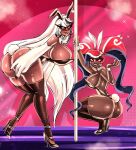 2_girls bitterbunz brown_skin bunny_ears carmilla_carmine earrings hazbin_hotel pole_dancing twintails velvette_(hazbin_hotel) white_hair