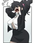 1girl 1girl 2d 2d_(artwork) 2d_artwork ass big_breasts black_clothing black_dress black_hair black_uniform breasts drpizzaboi1 hair inker_comics inkershike open_mouth ponytail stretch stretching tagme teeth uniform we_are_101 yawning