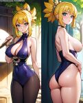  1girl 1girl 1girl ass bangs bare_arms bare_shoulders big_breasts blonde_hair blue_eyes blush breasts cleavage clothing covered_navel dr.stone dress from_behind hair_ornament highleg holding holding_weapon knife kohaku_(dr.stone) leotard long_hair looking_at_viewer nipples one-piece_swimsuit pantyhose parted_lips ponytail reverse_grip sideboob sidelocks sleeveless standing swimsuit thick_thighs thighs tied_hair weapon 