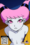 arms_behind_back bangs blush_stickers breasts colored_skin elbow_gloves eyelashes gloves jinx jinx_(teen_titans) littlehentai looking_at_viewer looking_up navel nipples nude older older_female parted_lips pink_eyes pink_hair savitar short_hair small_breasts tail teen_titans teeth upper_body young_adult young_adult_female young_adult_woman