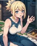 1girl 1girl 1girl bangs bare_arms bare_shoulders big_breasts blonde_hair blue_eyes blush breasts clothing dress female_only hand_up indoors kohaku kohaku_(dr._stone) looking_at_viewer open_mouth original outside ponytail shirt short_hair sitting skirt sleeveless sleeveless_shirt smile thighs tied_hair white_shirt