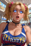 1girl ai-created ai_generated bare_shoulders big_breasts blonde_hair blood blue_eyes blush bow breasts cheerleader choker clavicle cleavage clothing crop_top english_language english_text hair_bow hair_ornament hypnosis indoors jousneystudio juliet_starling lips lollipop_chainsaw looking_at_viewer meme mind_control mole mole_on_breast mole_under_eye navel nosebleed open_mouth original piercing ponytail red_lips shirt short_hair solo_focus sweat text tied_hair twin_tails upper_body