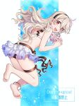  1girl :d alluring barefoot bikini black_hairband blonde_hair corrin_(fire_emblem) corrin_(fire_emblem)_(female) corrin_(novice_vacationer)_(fire_emblem)_(female) corrin_(summer)_(fire_emblem)_(female) feet fire_emblem fire_emblem_fates fire_emblem_heroes flower flower_necklace full_body hairband high_res hiyori_(rindou66) jewelry lei long_hair looking_at_viewer looking_back necklace nintendo official_alternate_costume open_mouth pointy_ears red_eyes slit_pupils smile soles swimsuit teeth thigh_strap upper_teeth_only 