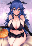 1girl absurd_res alluring alternate_breast_size artist_name bare_shoulders big_breasts bikini black_bikini black_choker black_gloves black_skirt blue_eyes blue_hair blush choker cleavage closed_mouth collarbone elbow_gloves fire_emblem fire_emblem_awakening gloves halloween head_wings high_res jack-o'-lantern long_hair looking_at_viewer lucina lucina_(fire_emblem) microskirt navel nintendo purple_background sitting skirt smile star_(symbol) star_choker sugarbell swimsuit very_long_hair wings