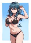  1girl 1girl 1girls ;) alluring alternate_costume arm_up bare_arms big_breasts bikini black_bikini black_swimsuit blue_background blue_eyes byleth_(fire_emblem) byleth_(fire_emblem)_(female) cleavage female_only fire_emblem fire_emblem:_three_houses gradient_background hair_between_eyes hand_on_own_chest long_hair looking_at_viewer nintendo one_eye_closed rotomdocs sideboob simple_background smile swimsuit teal_hair under_boob wink 