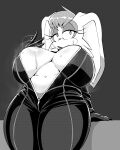 1girl 2024 4:5 anthro big_breasts biker bodily_fluids breasts clothing fanning fanning_self female gloves handwear high_res huge_breasts kappa_spark lagomorph leporid mammal monochrome rabbit sega skinsuit solo sonic_the_hedgehog_(series) sweat thick_thighs tight_clothing unzipped vanilla_the_rabbit zipper