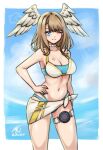  1girl 1girl 1girl alluring angel_wing_headdress big_breasts bikini blue_eyes breast_tattoo brown_hair cleavage eunie_(xenoblade) female_only nintendo one_eye_closed rotomdocs swimsuit xenoblade_(series) xenoblade_chronicles_3 