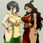 1girl 2_girls alternate_breast_size alternate_costume avatar:_the_last_airbender avatar_legends big_breasts breast_envy breasts earth_kingdom female_only fire_nation_clothing huge_breasts human inker_comics inkershike katara multiple_girls smug toph_bei_fong water_tribe