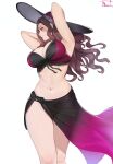 1girl 1girl 1girl absurd_res alluring armpits arms_behind_head arms_up big_breasts bikini black_bikini brown_hair cleavage dorothea_arnault dorothea_arnault_(summer) fire_emblem fire_emblem:_three_houses fire_emblem_heroes green_eyes hat high_res jpeg long_hair looking_to_the_side magdalenus27 navel nintendo official_alternate_costume sarong smile sun_hat swimsuit