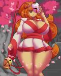 1girl 2023 angry_face anthro ass_visible_through_thighs beige_fur big_breasts black_eyes breasts canid canine canis ceroba_ketsukane cherry_blossoms cleavage clothed_female clothing curvy female_focus fox hair_ribbon high_res holding_mask holding_staff kimono long_hair looking_at_viewer looking_down lunarartstudios lunis1992 mammal mask milf orange_hair petals short_skirt staff thick thick_thighs undertale_(series) undertale_yellow very_long_hair wide_hips