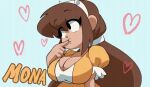 big_breasts bouncing_breasts brown_hair coolerinker gif gif gif hearts_around_body horns_hairband inker_comics inkershike mona_(inker_comics) yellow_dress