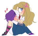 1boy 1girl 1girls blonde_hair blue_eyes blush blush blushing_profusely bonnie_(fnafhs) breasts breasts_out clothed cute five_nights_at_freddy's fnafhs golden_hair hugging hugging_partner joy_(fnafhs) looking_at_viewer no_sex purple_hair red_eyes wholesome