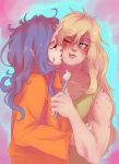 applejack elf_ears friendship_is_magic horned_humanization humanized kissing my_little_pony rarity safe sundown toothbrush yuri