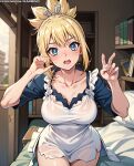 1girl 1girl 1girl bangs bed big_breasts blonde_hair blue_eyes blush book bookshelf breasts cleavage clothing dr.stone dress hands_up indoors kohaku_(dr.stone) long_hair looking_at_viewer open_mouth pillow short_sleeves sitting smile sweatdrop teeth thighs tied_hair white_dress